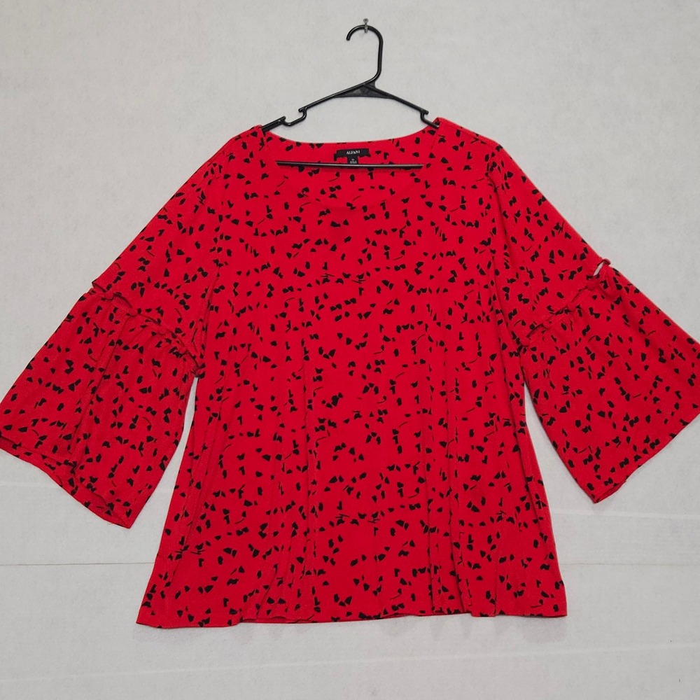 Alfani‎ Women's Red Black Abstract Print Bell Sleeve Blouse Top Plus Size 2X